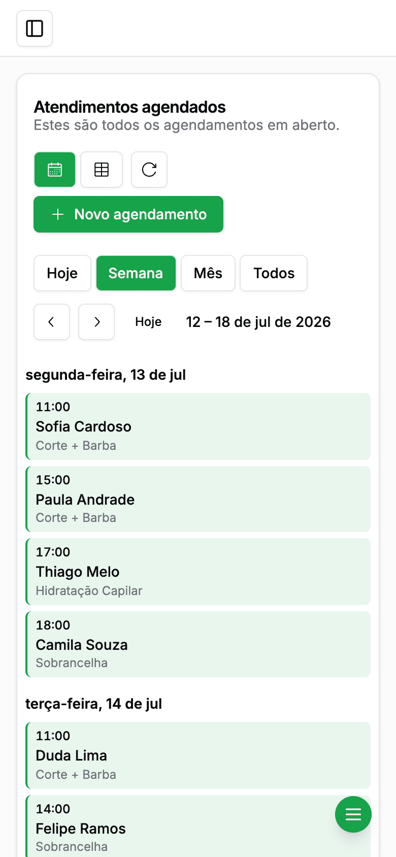 Calendário semanal de agendamentos do Agenda+
